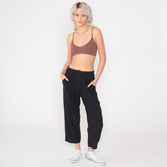 80s New Focus Black Pleated High-Waist Trousers Cropped Ankle XS