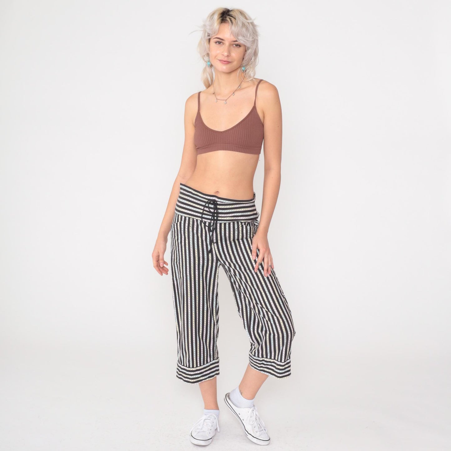80s La Blanca Sport Striped High-Waist Drawstring Pants Black Pastel Extra Small