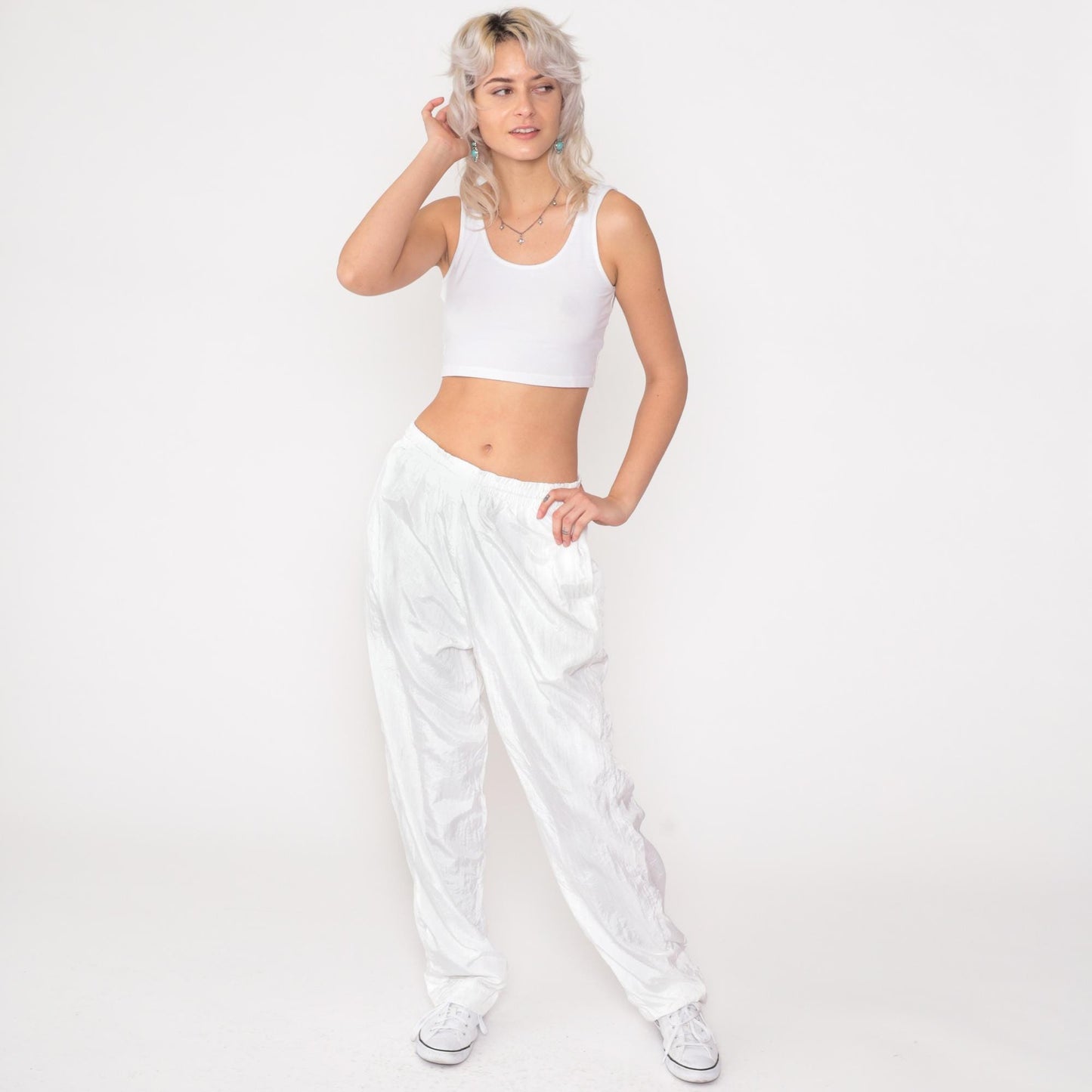 90s White Windbreaker Track Pants Elastic Waist Athletic Small Medium