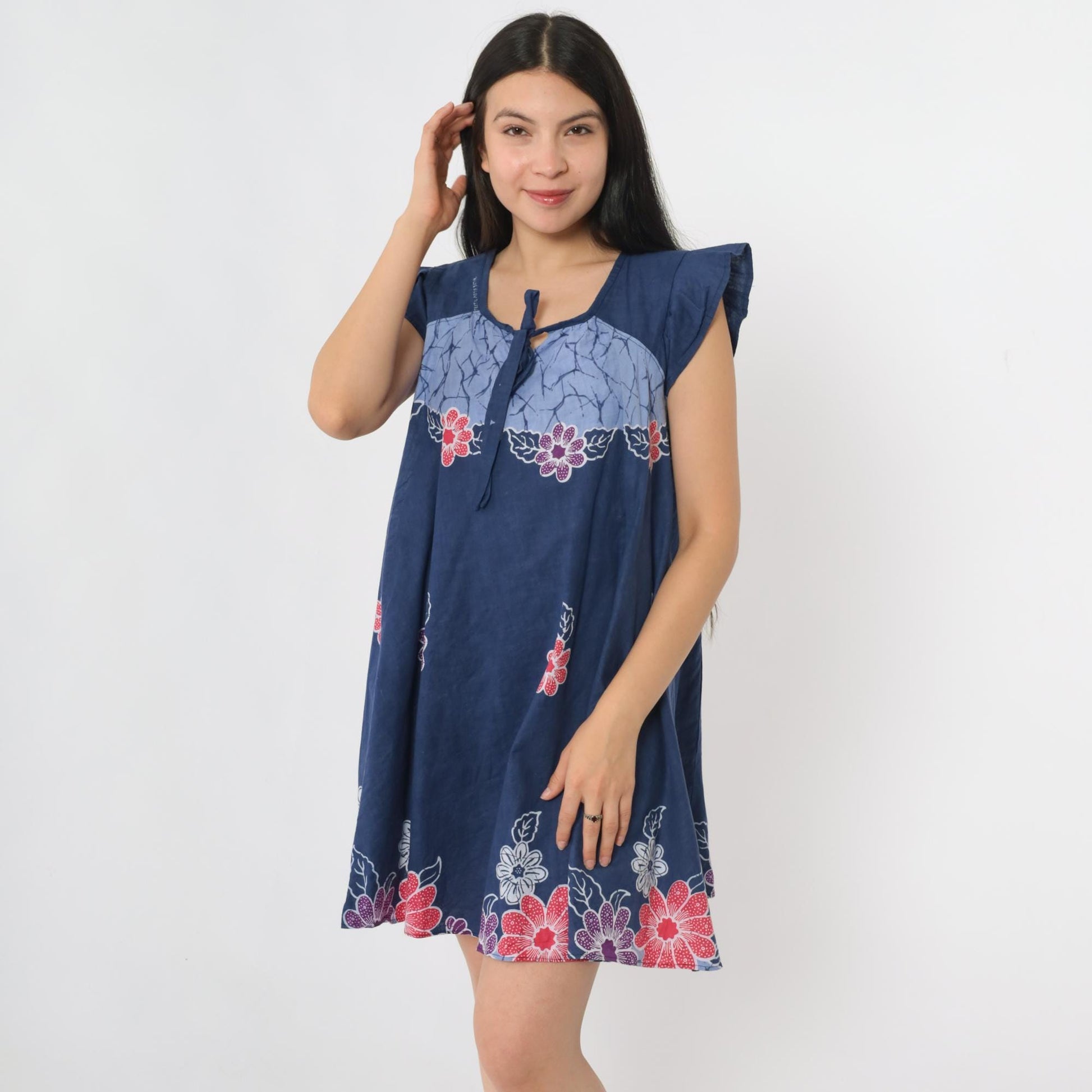 90s Batik Floral Blue Mini Dress Cap Sleeve Tie Neck Trapeze Small S
