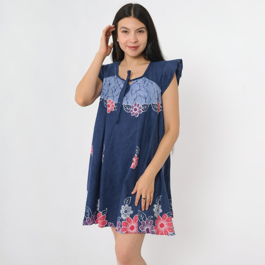 90s Batik Floral Blue Mini Dress Cap Sleeve Tie Neck Trapeze Small S