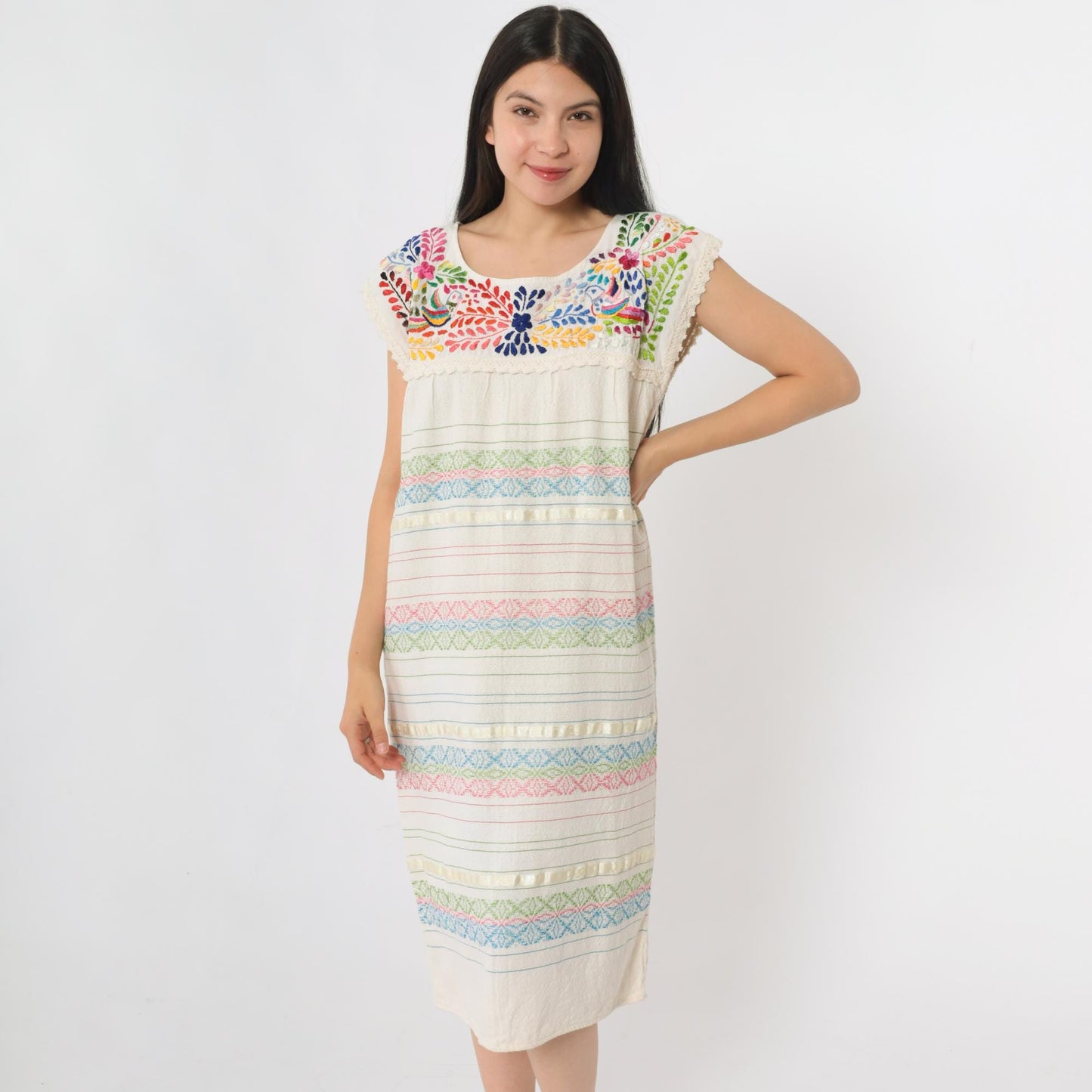 90s Mexican Embroidered Cotton Midi Dress Off-White Floral Bird Small S