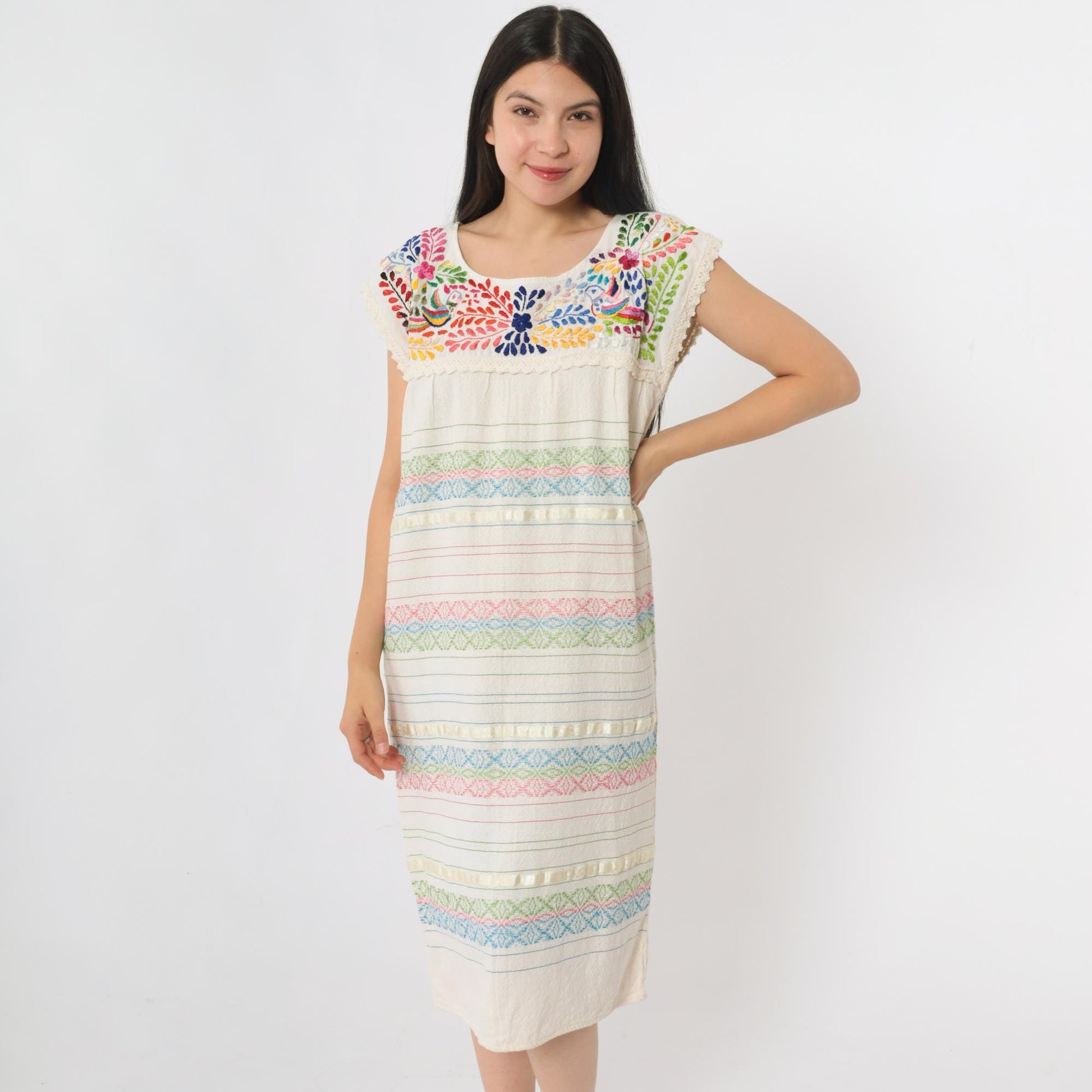 90s Mexican Embroidered Cotton Midi Dress Off-White Floral Bird Small S