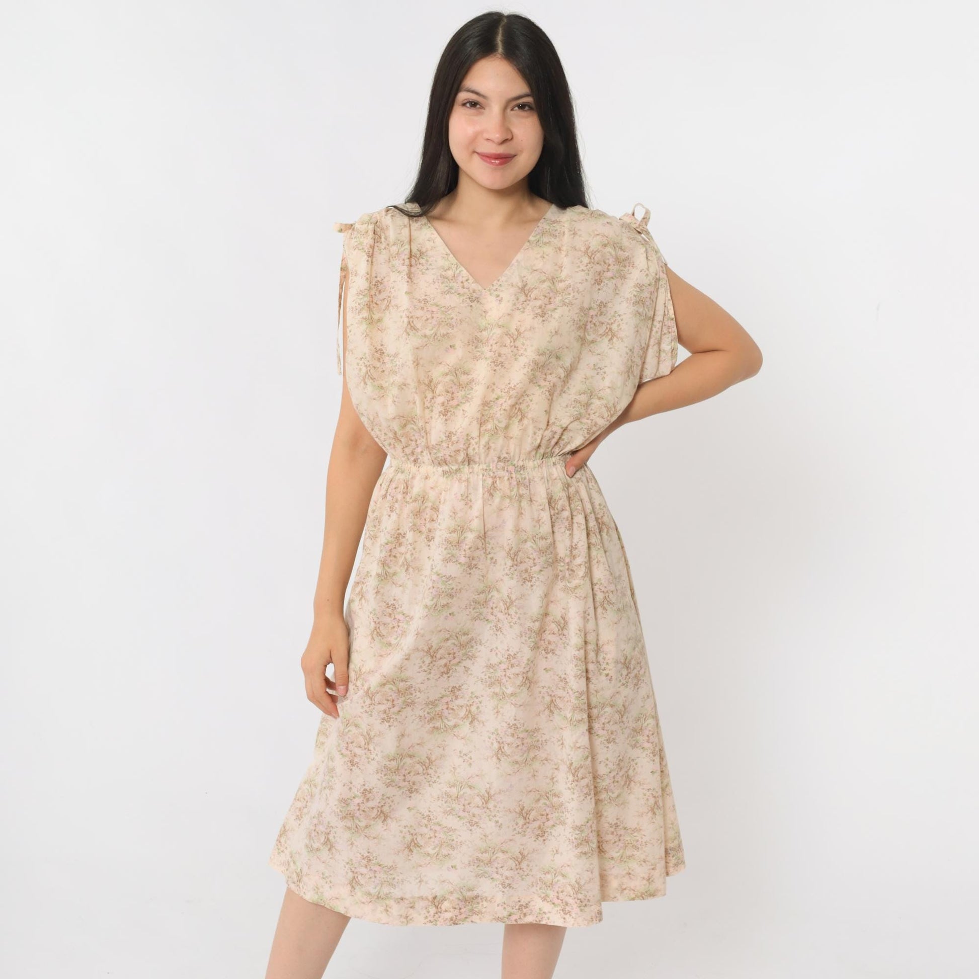 70s Floral Midi Dress Cream High Waist Cap Sleeve V Neck Small S