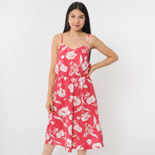 80s Pink Floral Midi Sundress High Waist Sweetheart Neckline Spaghetti Strap Small