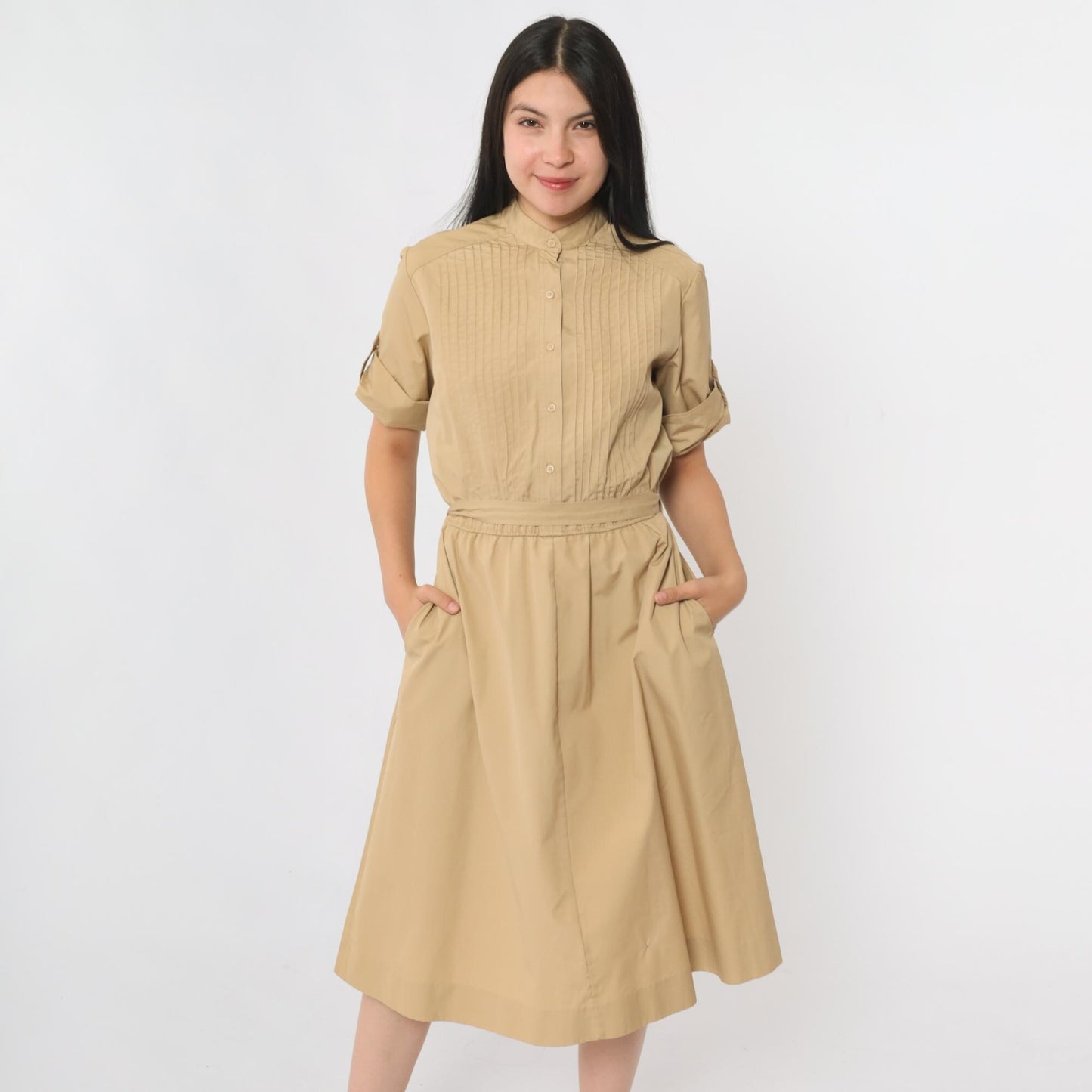80s Tan Utility Shirtdress Midi Pintuck High Waist Button Up Medium