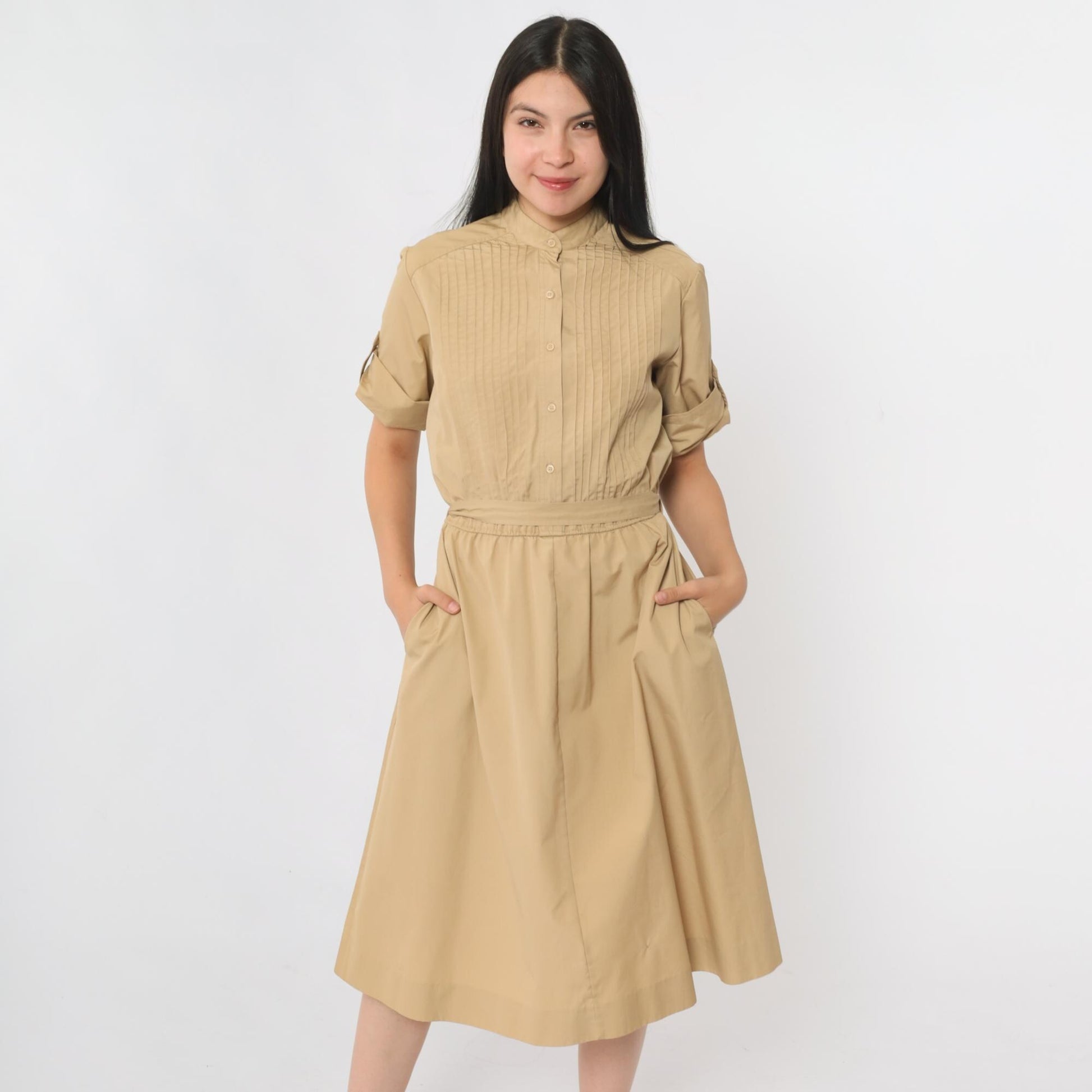 80s Tan Utility Shirtdress Midi Pintuck High Waist Button Up Medium