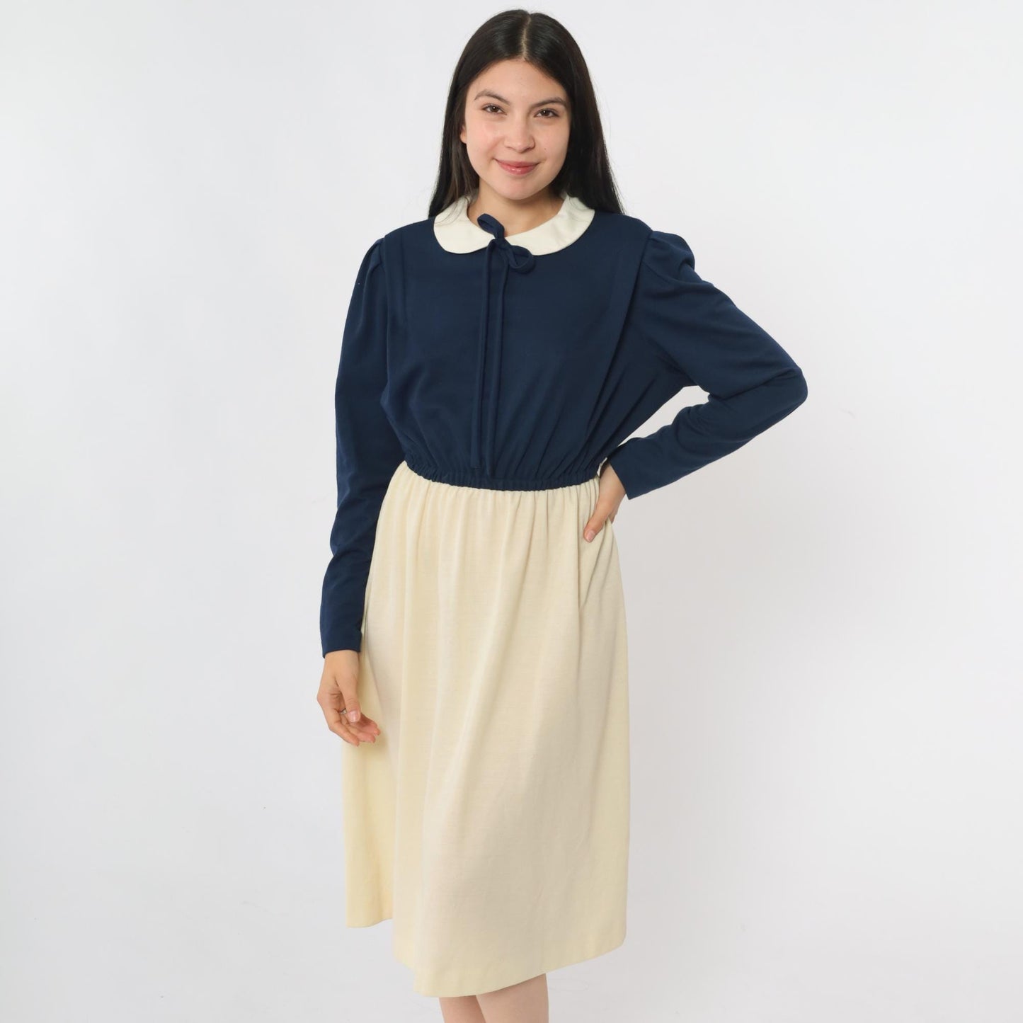 70s Checkaberry Two-Tone Midi Dress Peter Pan Collar Puff Sleeve Navy Cream Medium Large