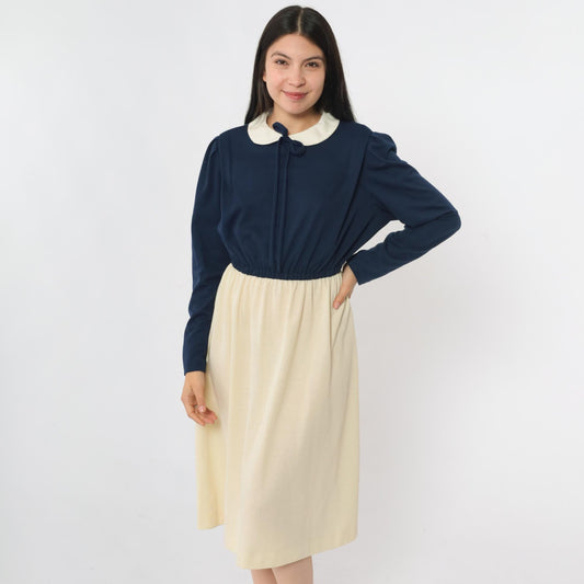 70s Checkaberry Two-Tone Midi Dress Peter Pan Collar Puff Sleeve Navy Cream Medium Large