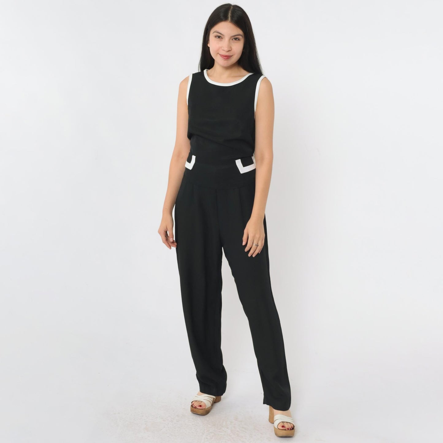 90s Black Jumpsuit White Ringer Trim Sleeveless Straight Leg Medium
