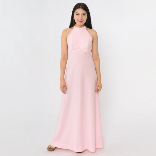 70s Pink Halter Maxi Dress Racerback Empire Waist XS