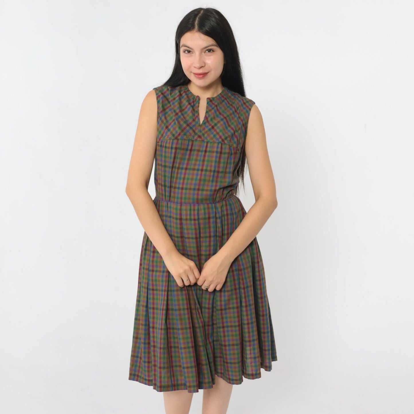 1960s Sue Brett Olive Gingham Sleeveless Midi Dress High Waist Pleated Extra Small