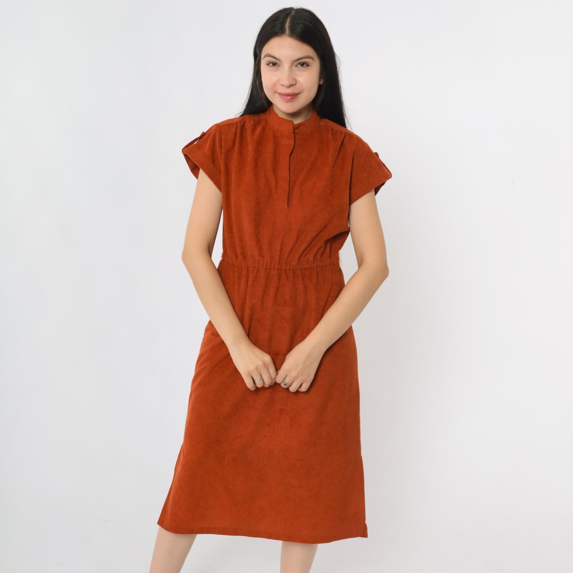 70s Rust Orange Velour Midi Dress High Waist Cap Sleeve Medium
