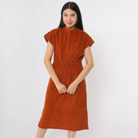 70s Rust Orange Velour Midi Dress High Waist Cap Sleeve Medium