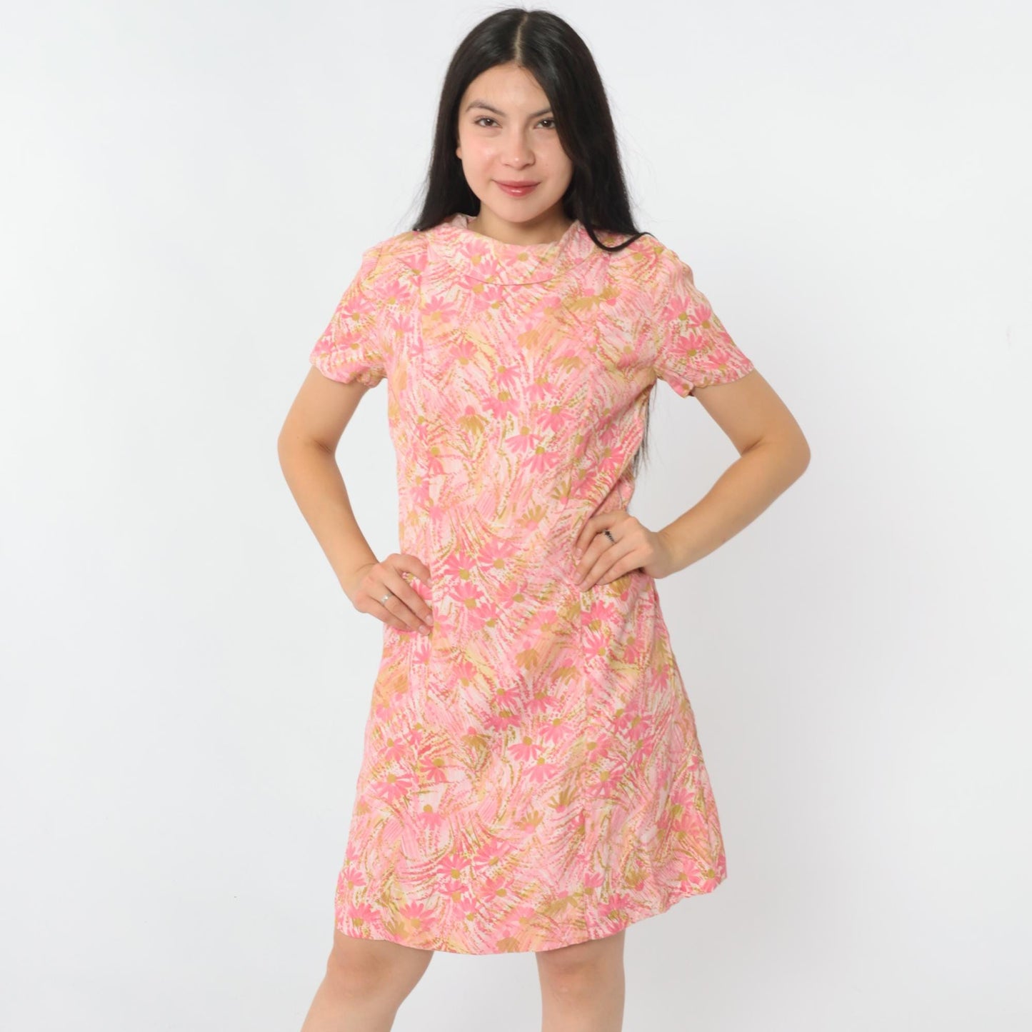 60s Pink Abstract Floral Shift Mini Dress Short Sleeve Small S