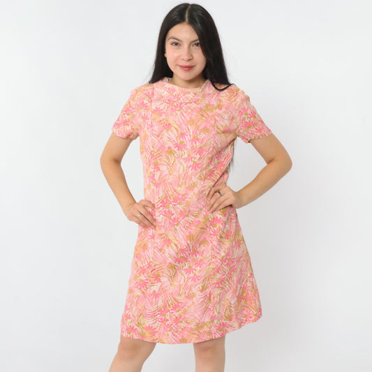 60s Pink Abstract Floral Shift Mini Dress Short Sleeve Small S