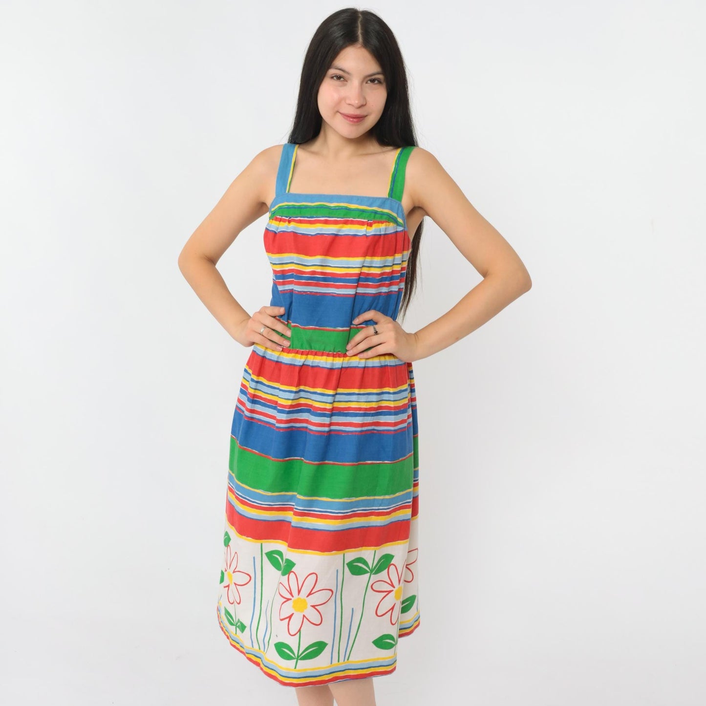 70s Striped Floral Midi Dress High Waist Smocked Back Sleeveless Small Medium