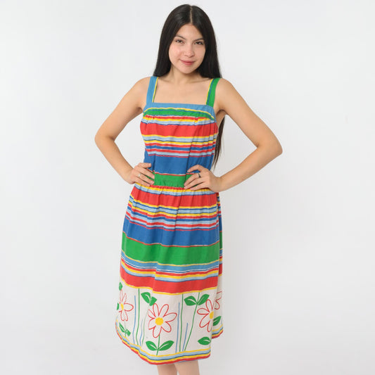 70s Striped Floral Midi Dress High Waist Smocked Back Sleeveless Small Medium