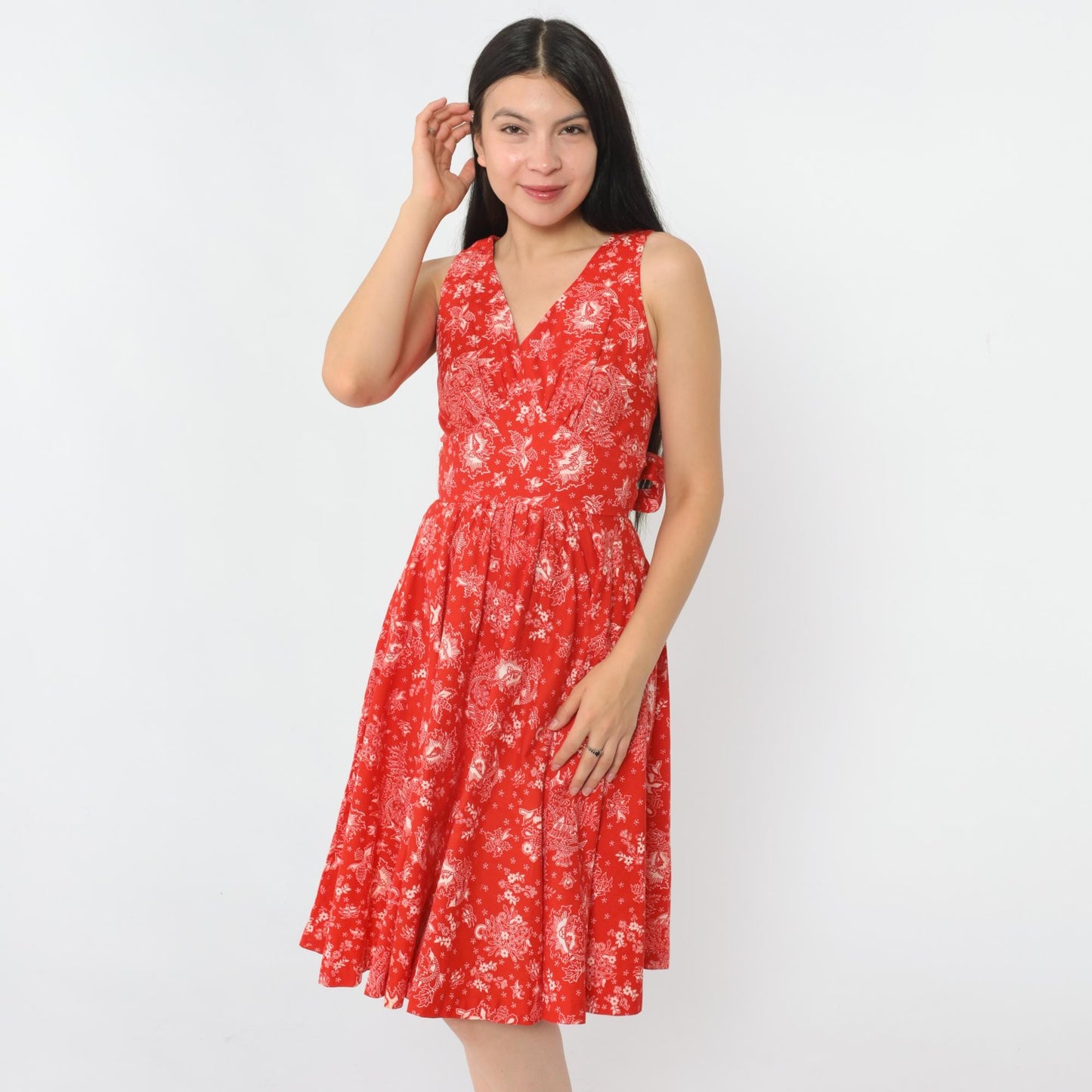 70s Red Floral Bird Print Sleeveless Dress High Waist V Neck Extra Small