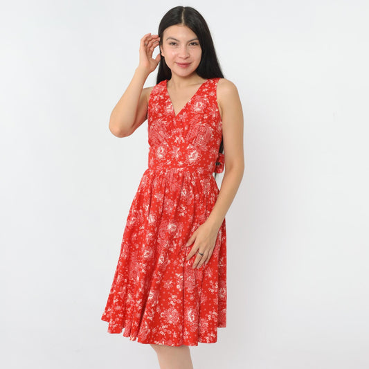 70s Red Floral Bird Print Sleeveless Dress High Waist V Neck Extra Small