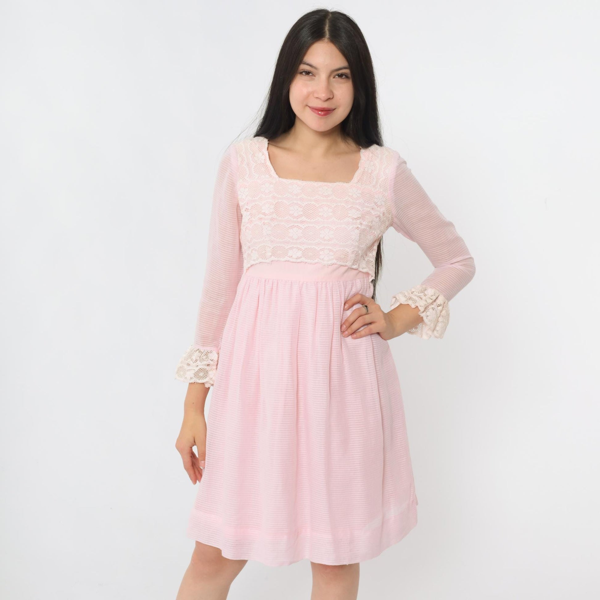 60s Pink Lace Babydoll Dress Empire Waist Mini 3/4 Sleeve Extra Small
