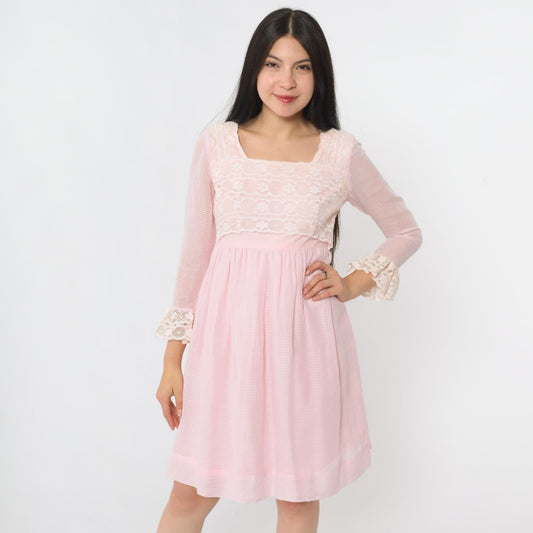 60s Pink Lace Babydoll Dress Empire Waist Mini 3/4 Sleeve Extra Small