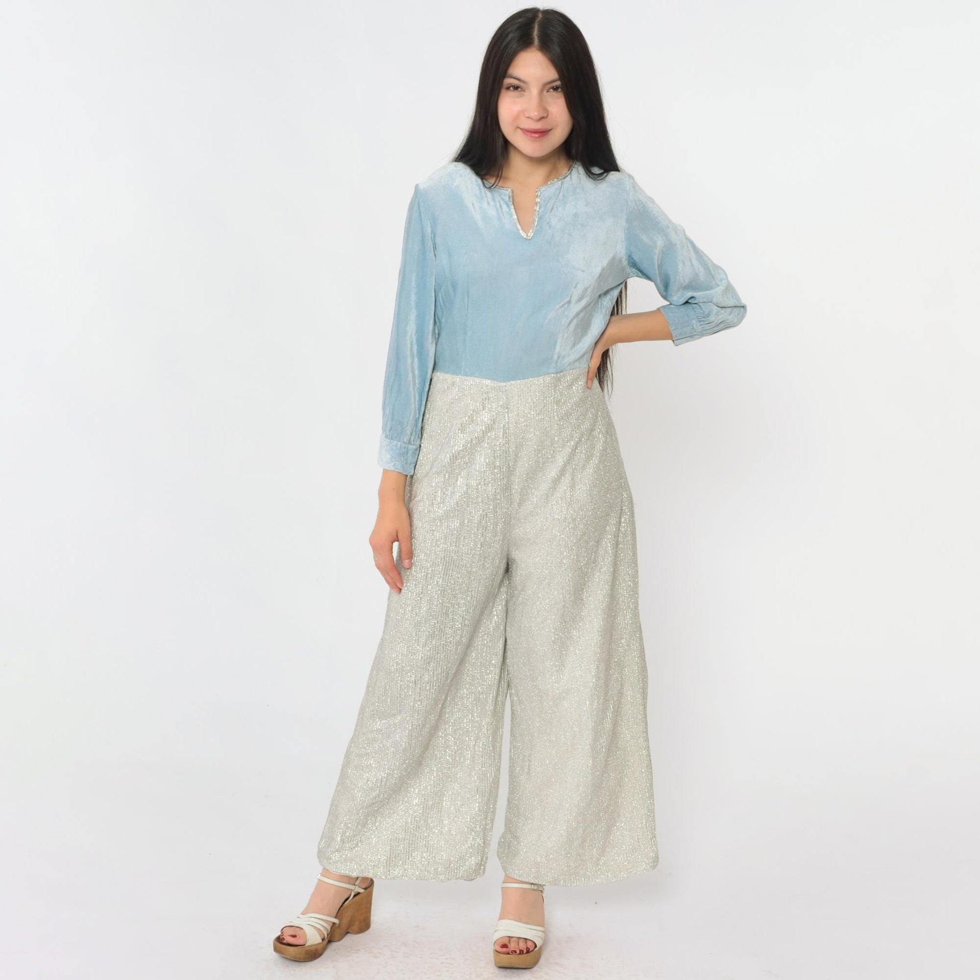70s Metallic Velvet Jumpsuit Wide Leg Light Blue Silver V-Neck Small S