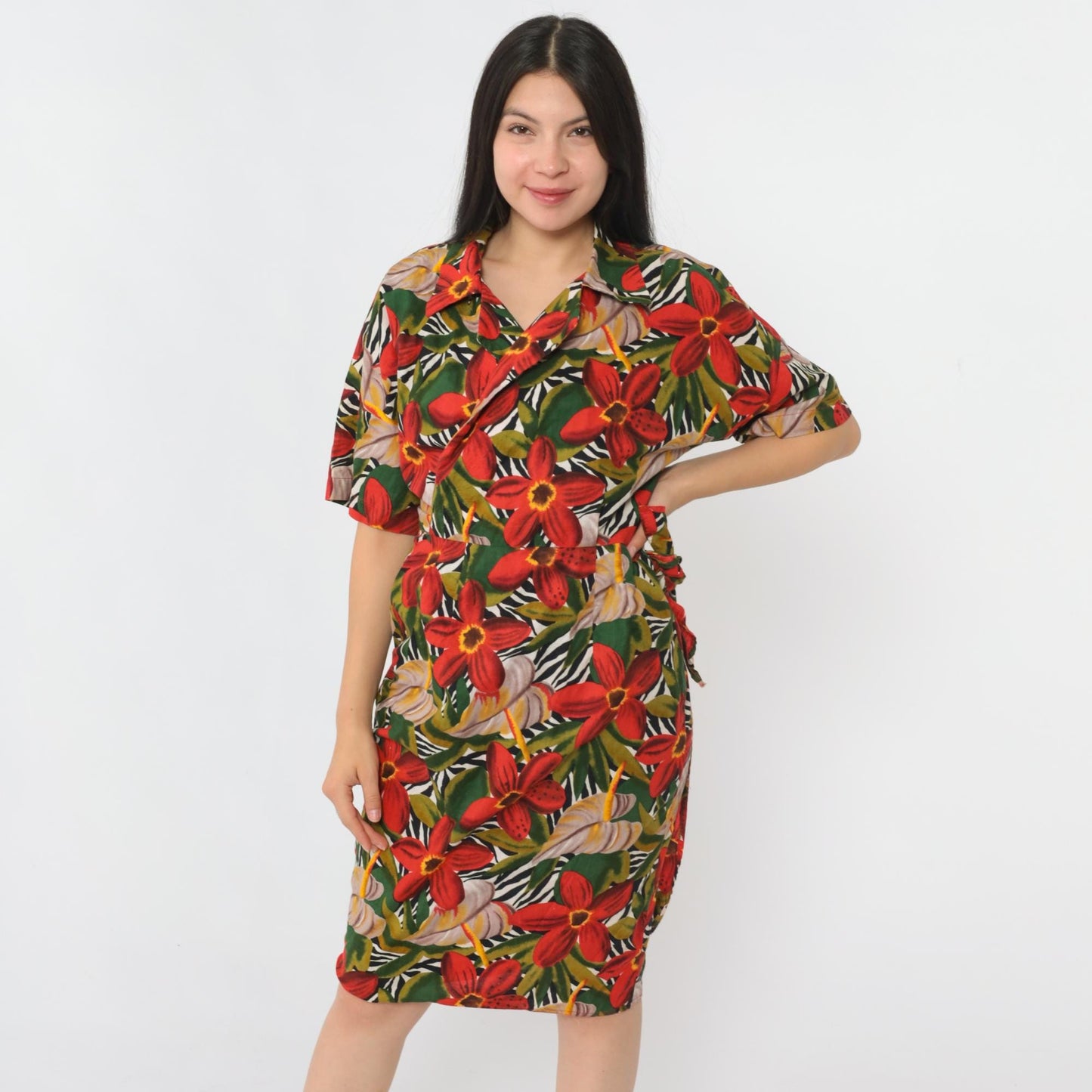 80s Tropical Floral Wrap Dress Knee Length V-Neck Red Green Small