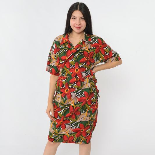 80s Tropical Floral Wrap Dress Knee Length V-Neck Red Green Small