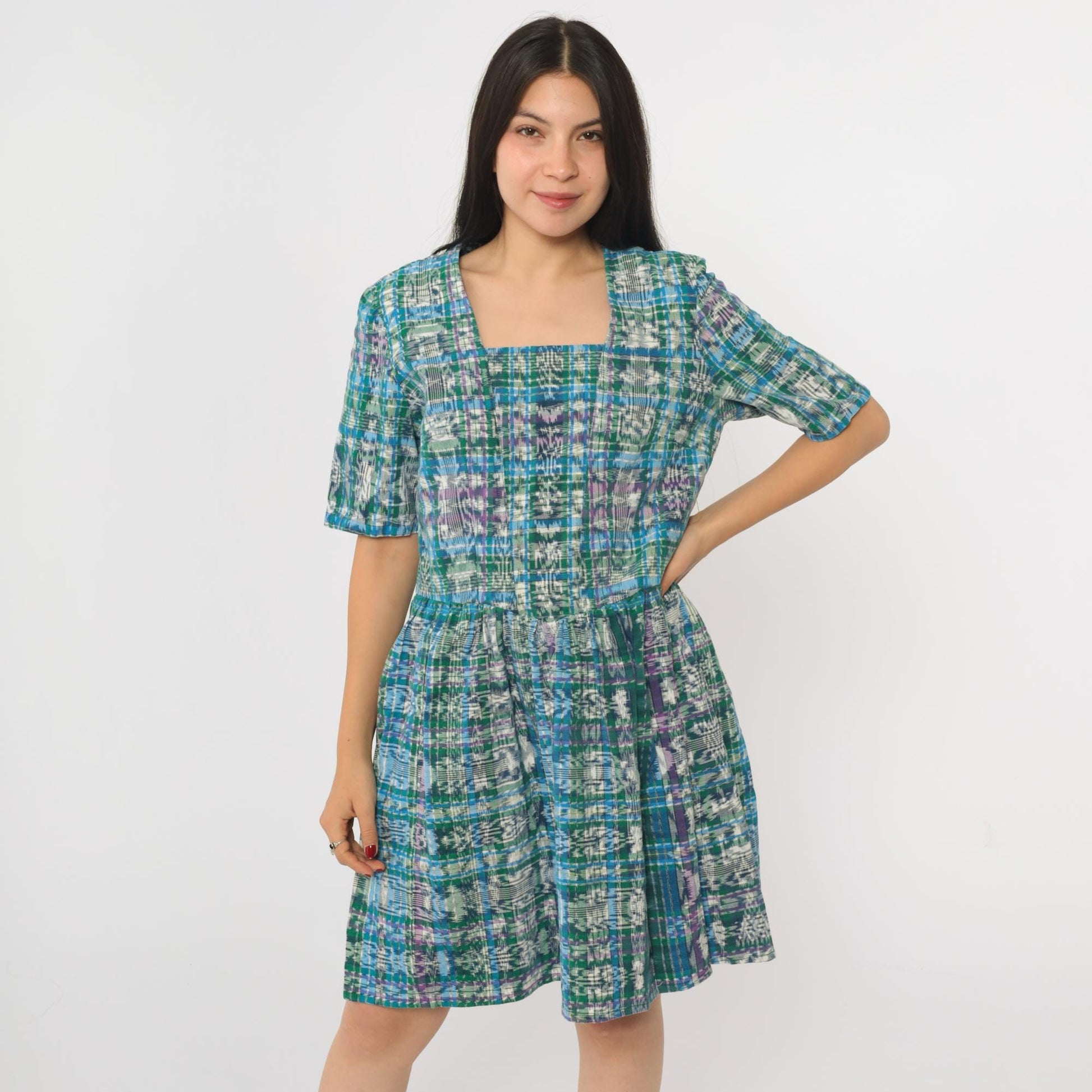 90s Checkered Ikat Mini Dress Green Blue High Waist Short Sleeve Small Medium