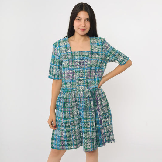 90s Checkered Ikat Mini Dress Green Blue High Waist Short Sleeve Small Medium