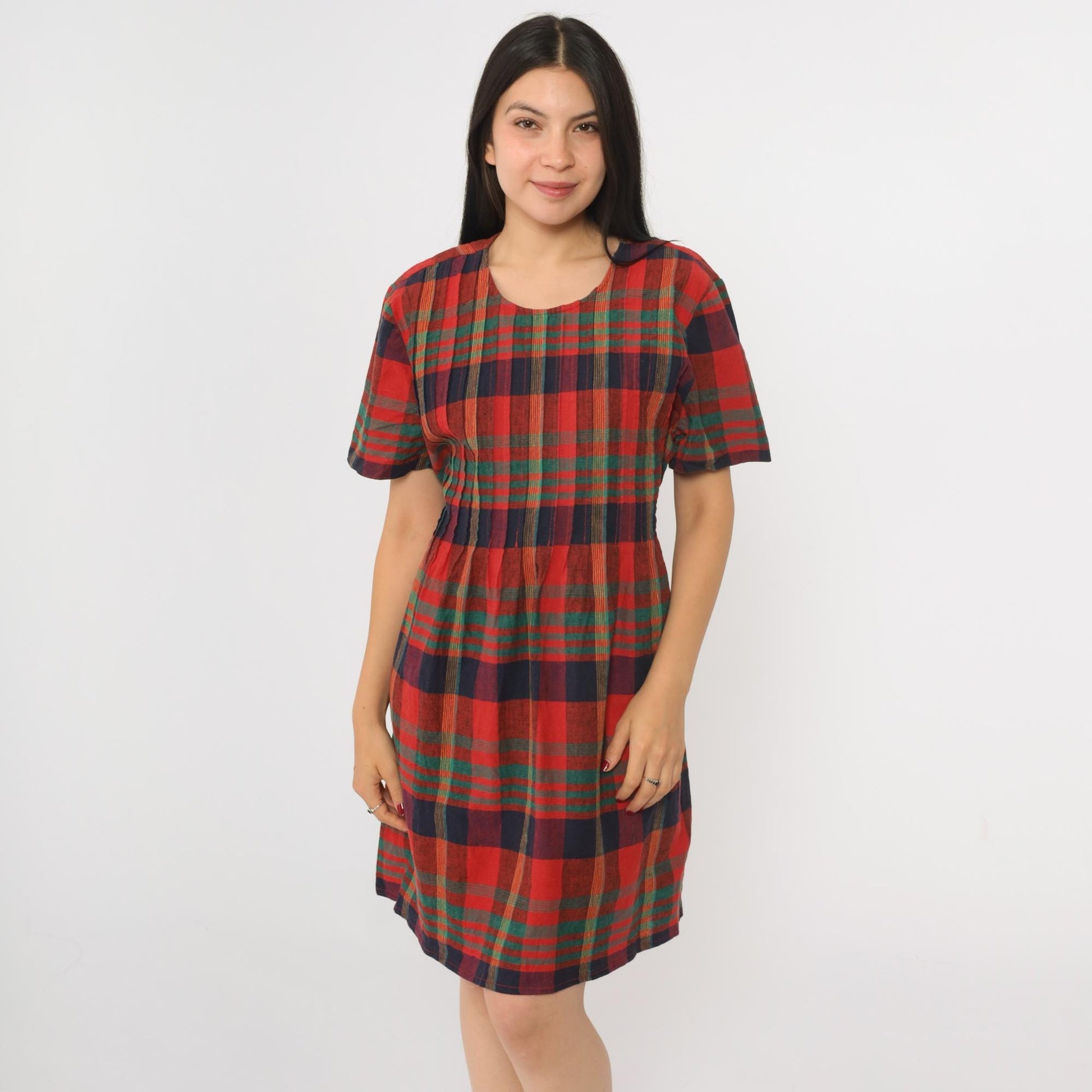 90s Plaid Mini Dress Red Blue Green Checkered Shift Linen Cotton Large