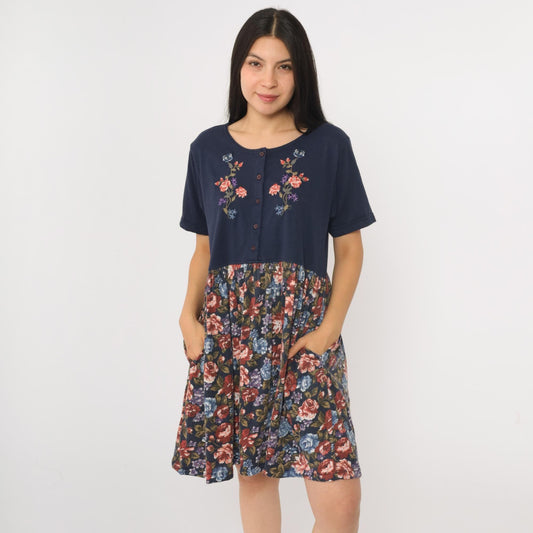 90s Sweetbriar Navy Floral Mini Dress Button Up Embroidered Medium M