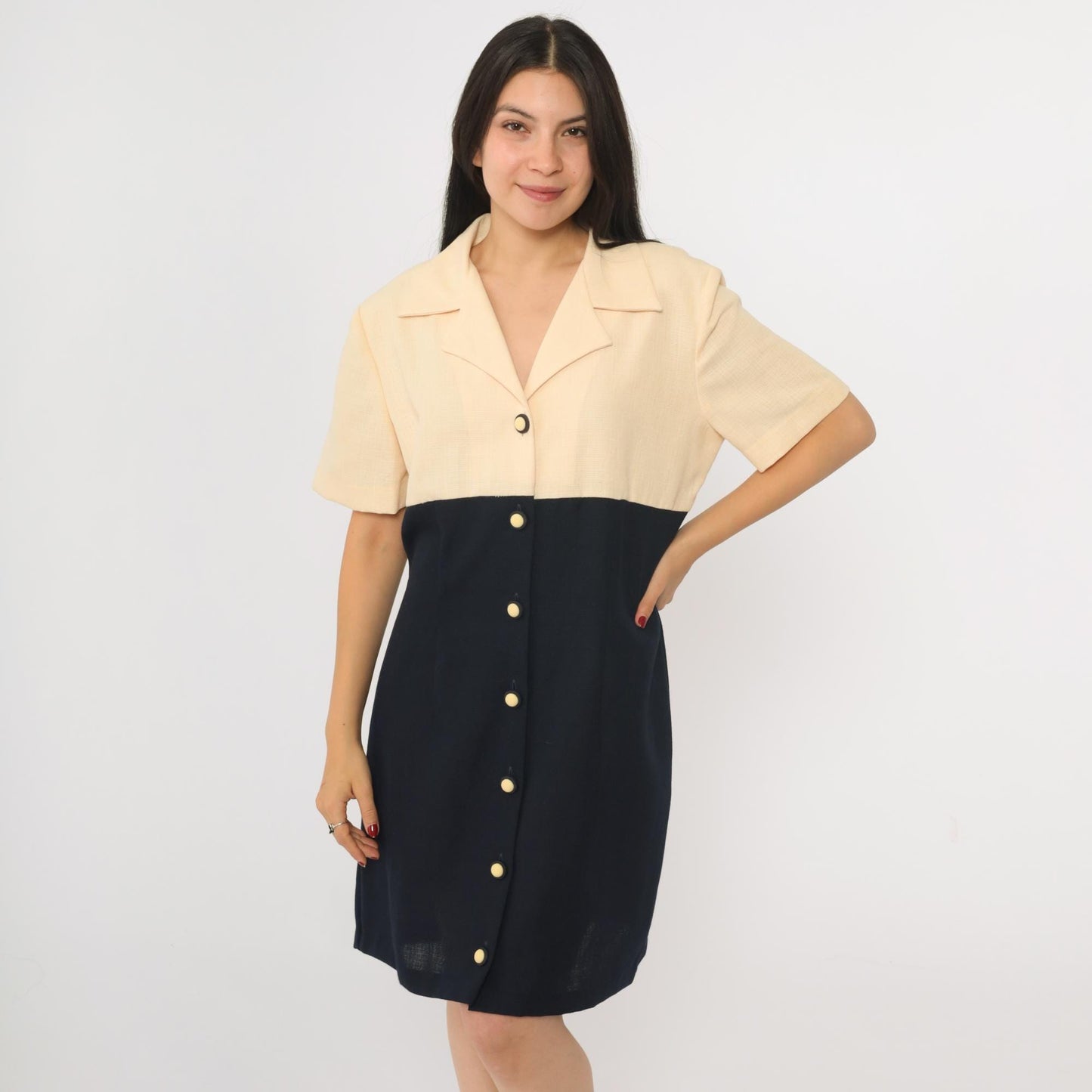 90s Two-Tone Mini Shirtdress Cream Black Empire Waist Button-Up Large