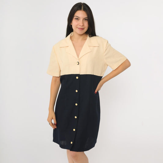 90s Two-Tone Mini Shirtdress Cream Black Empire Waist Button-Up Large