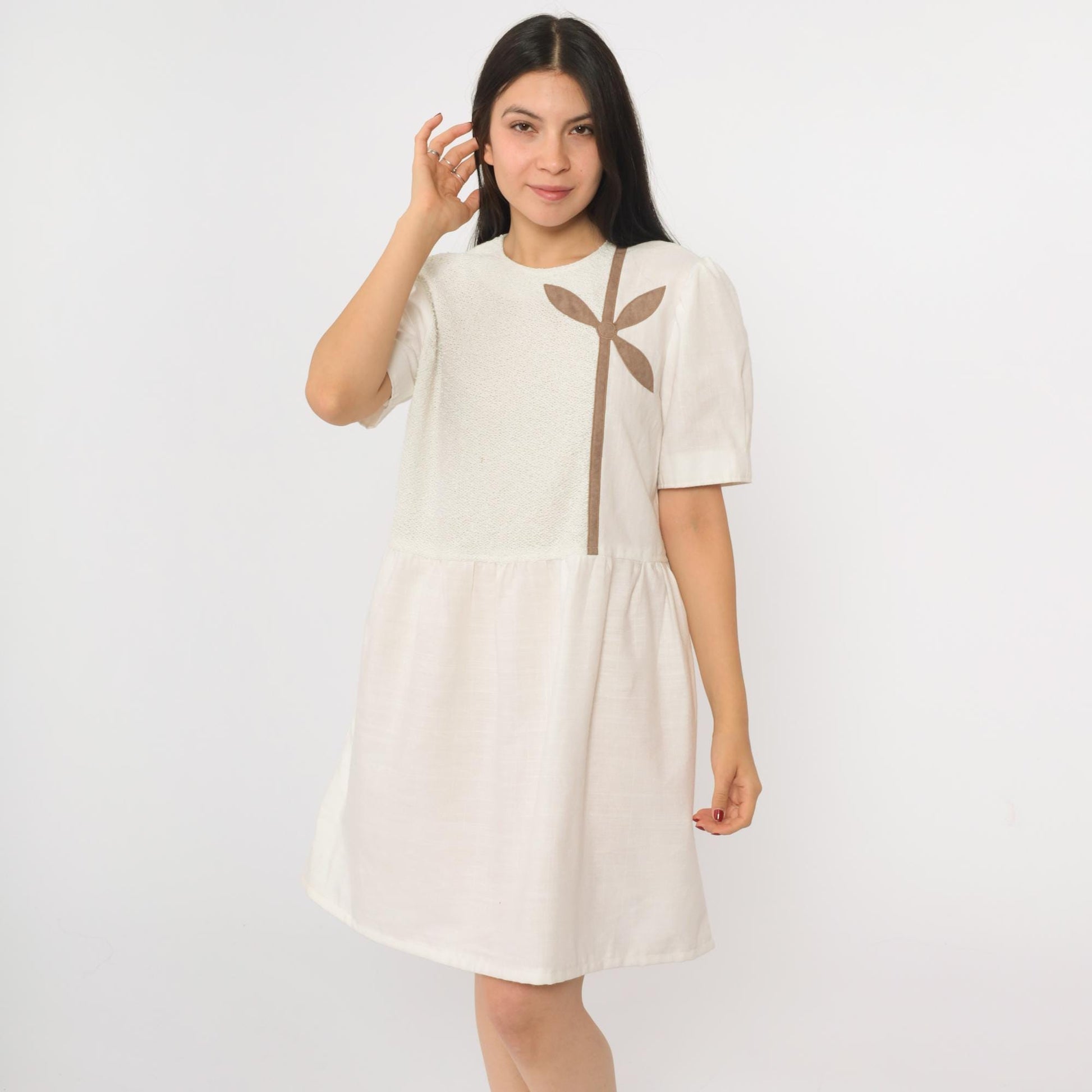 80s Leslie Fay White Floral Applique Mini Dress Puff Sleeve Boucle Knit Medium Large