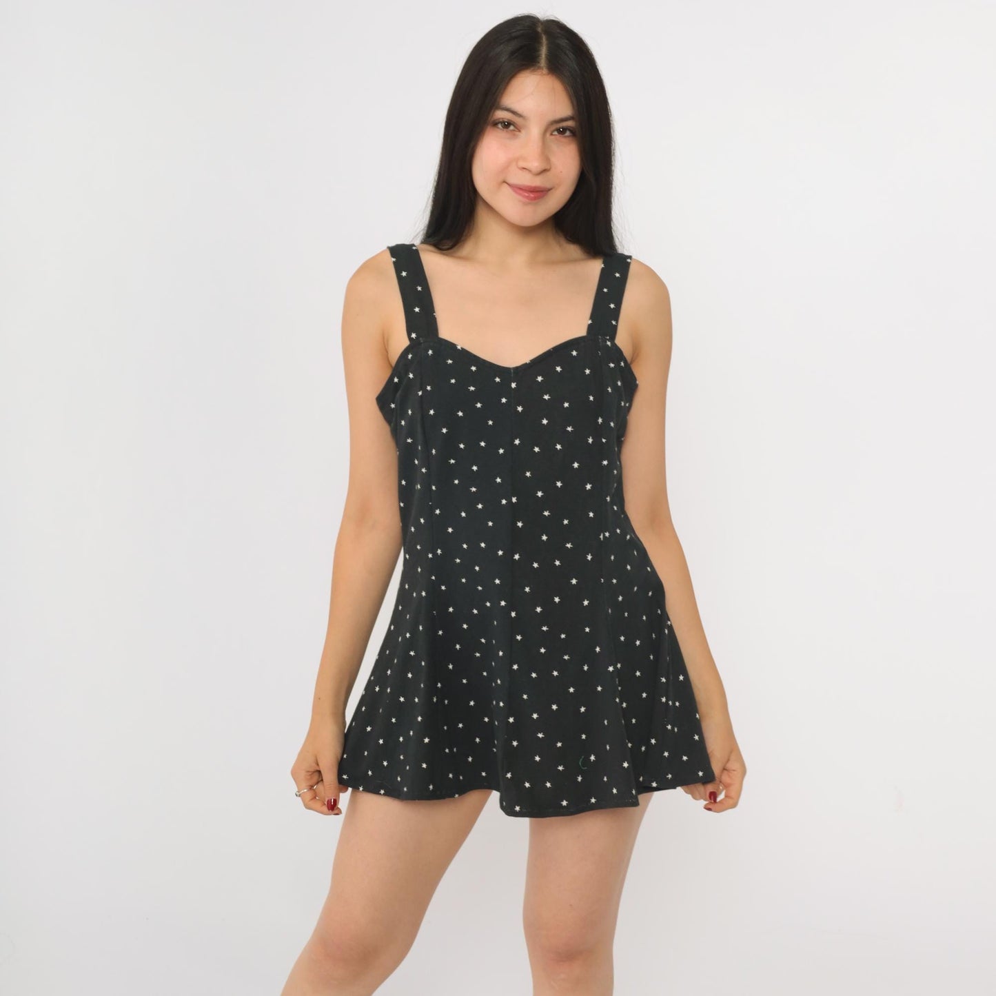 90s Black Star Print Micro Mini Sundress Sweetheart Neckline Sleeveless Medium