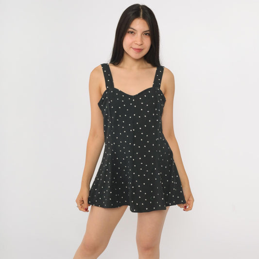 90s Black Star Print Micro Mini Sundress Sweetheart Neckline Sleeveless Medium