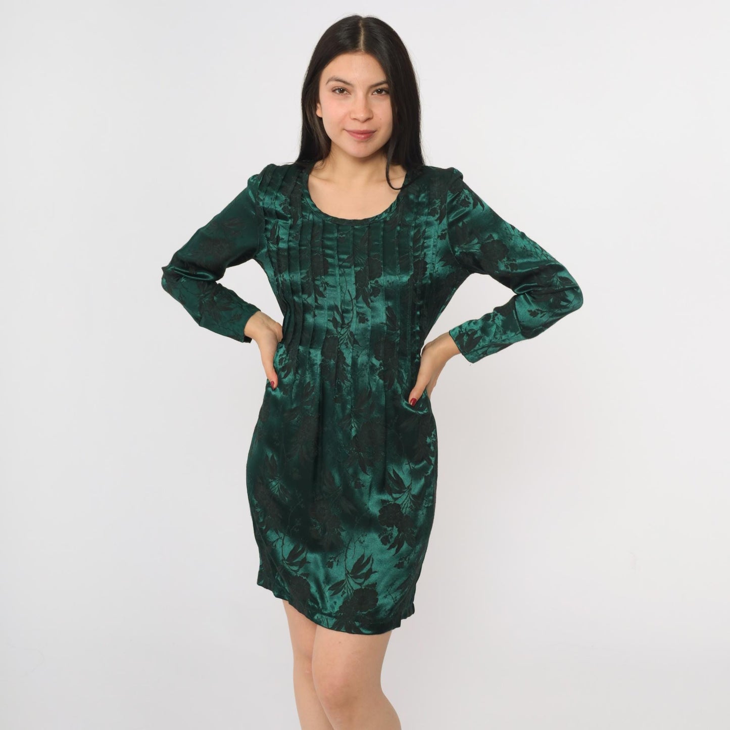90s Sarah Richards Green Satin Floral Mini Dress Long Sleeve Scoop Neck Small