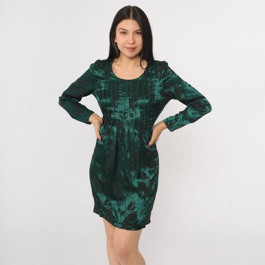 90s Sarah Richards Green Satin Floral Mini Dress Long Sleeve Scoop Neck Small