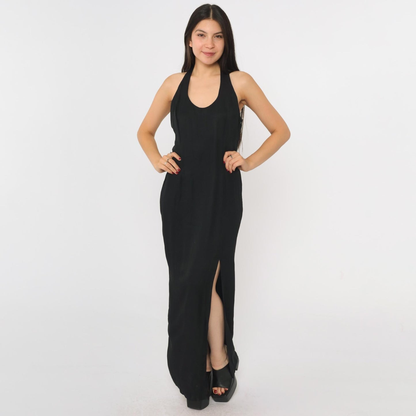 90s Jessica McClintock Gunne Sax Black Maxi Dress Racerback Embroidered Slit Small