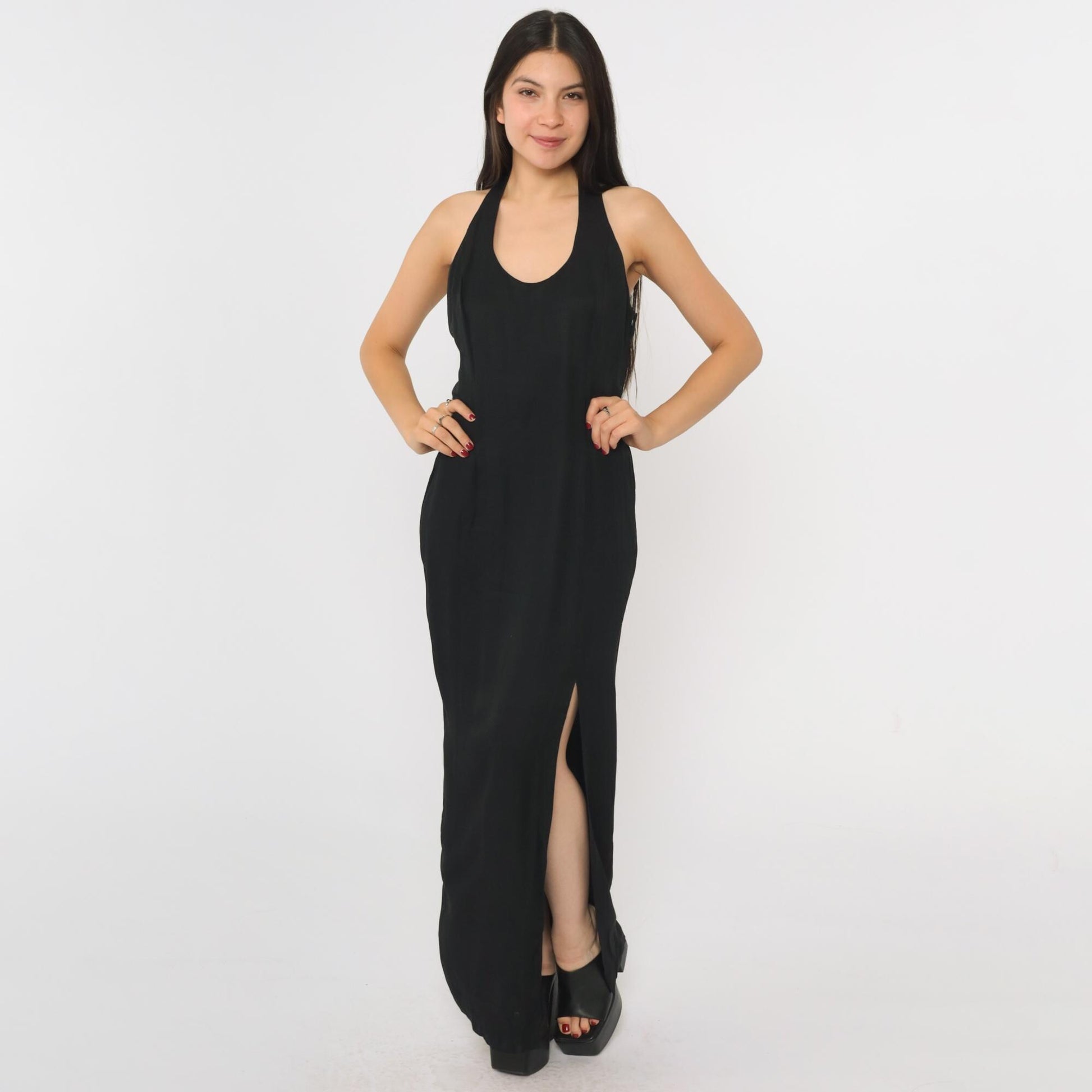 90s Jessica McClintock Gunne Sax Black Maxi Dress Racerback Embroidered Slit Small