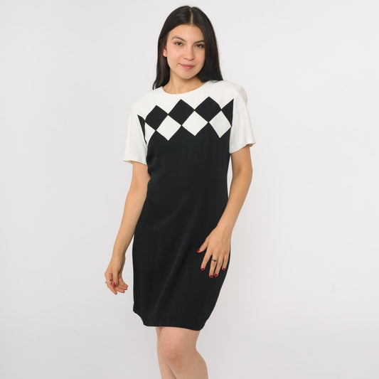 90s Black White Checkered Color Block Shift Minidress Small 4