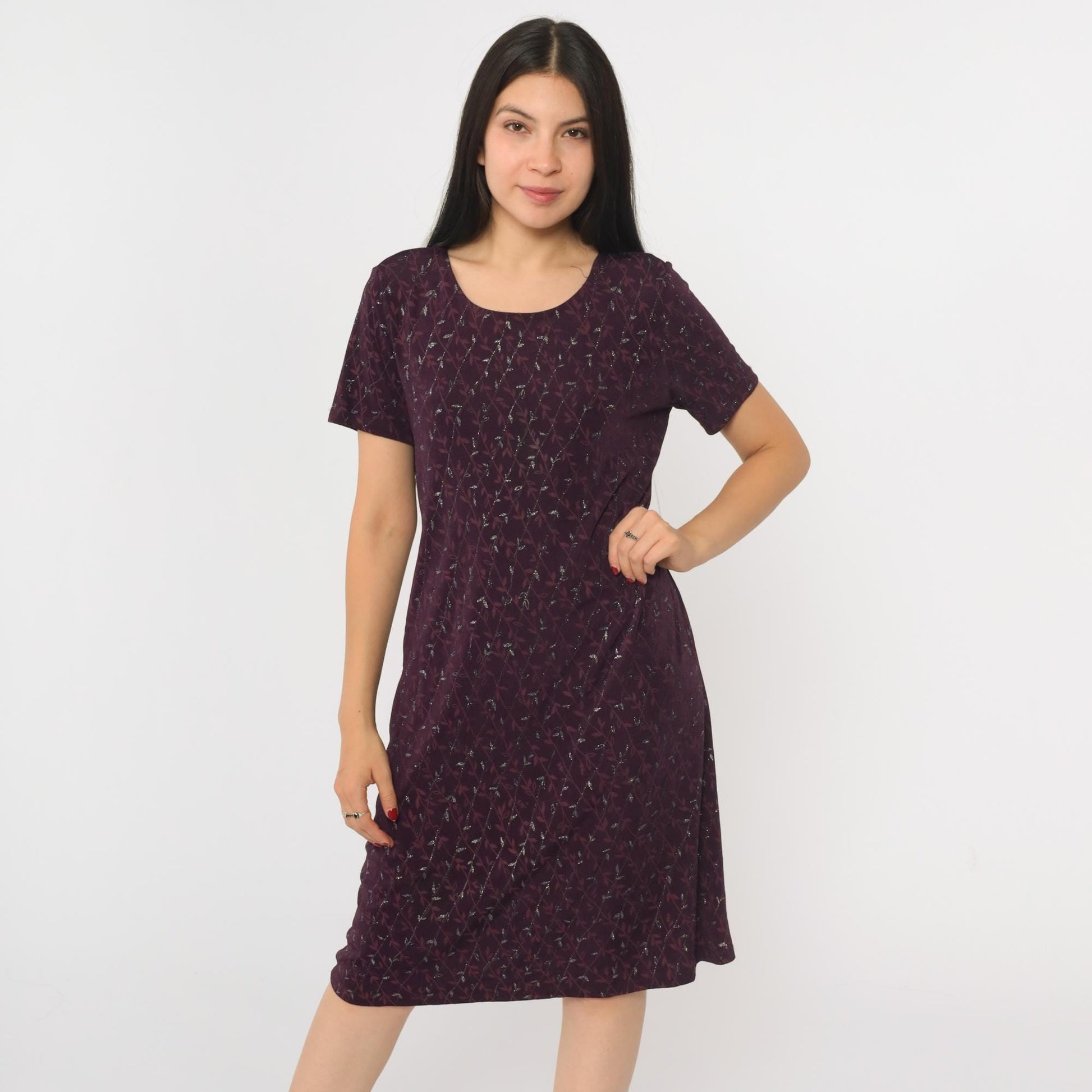90s AGB Purple Floral Glitter Dress Knee-Length Short Sleeve Large L
