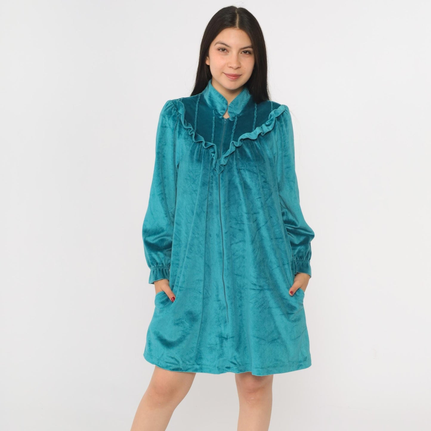 80s Lara Dee Velour Lounge Dress Teal Ruffled Yoke Zip Puff Sleeve Mini Medium