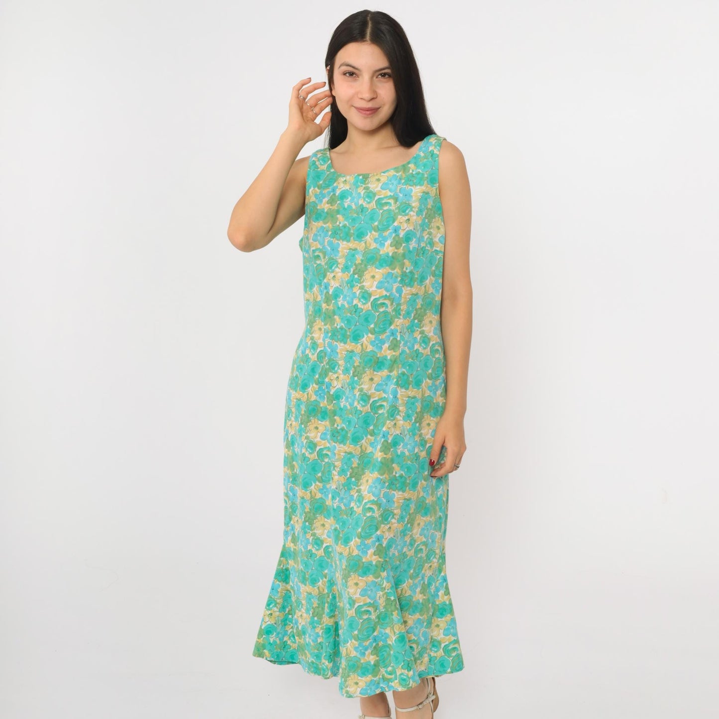 90s R & K Originals Floral Midi Dress Turquoise Blue Sleeveless Mermaid Hem Medium