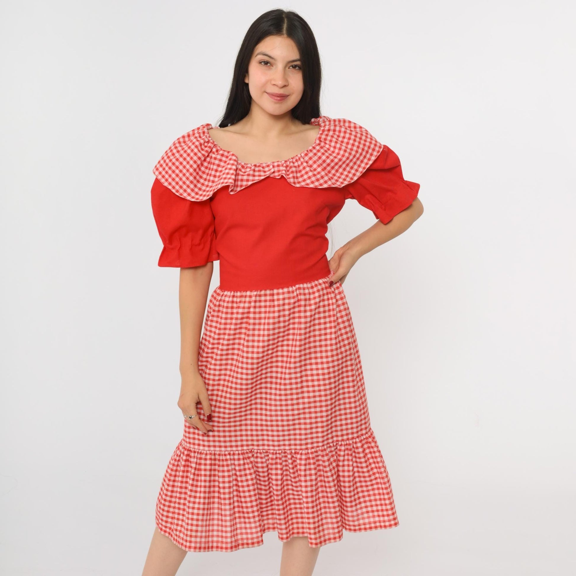70s Red Gingham Prairie Dress Puff Sleeve Midi High Waist Medium Large