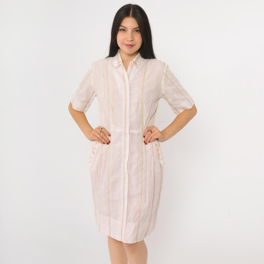 60s Pink White Striped Cotton Dress High Waist Zip Front Pockets Small