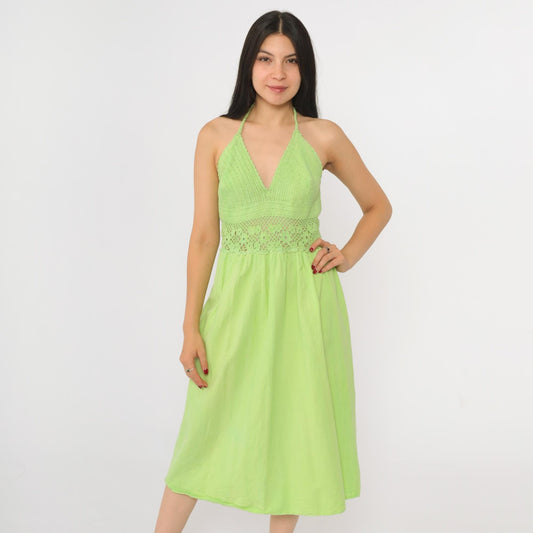 90s Lime Green Crochet Halter Midi Dress Deep V Sheer Waist Small Medium