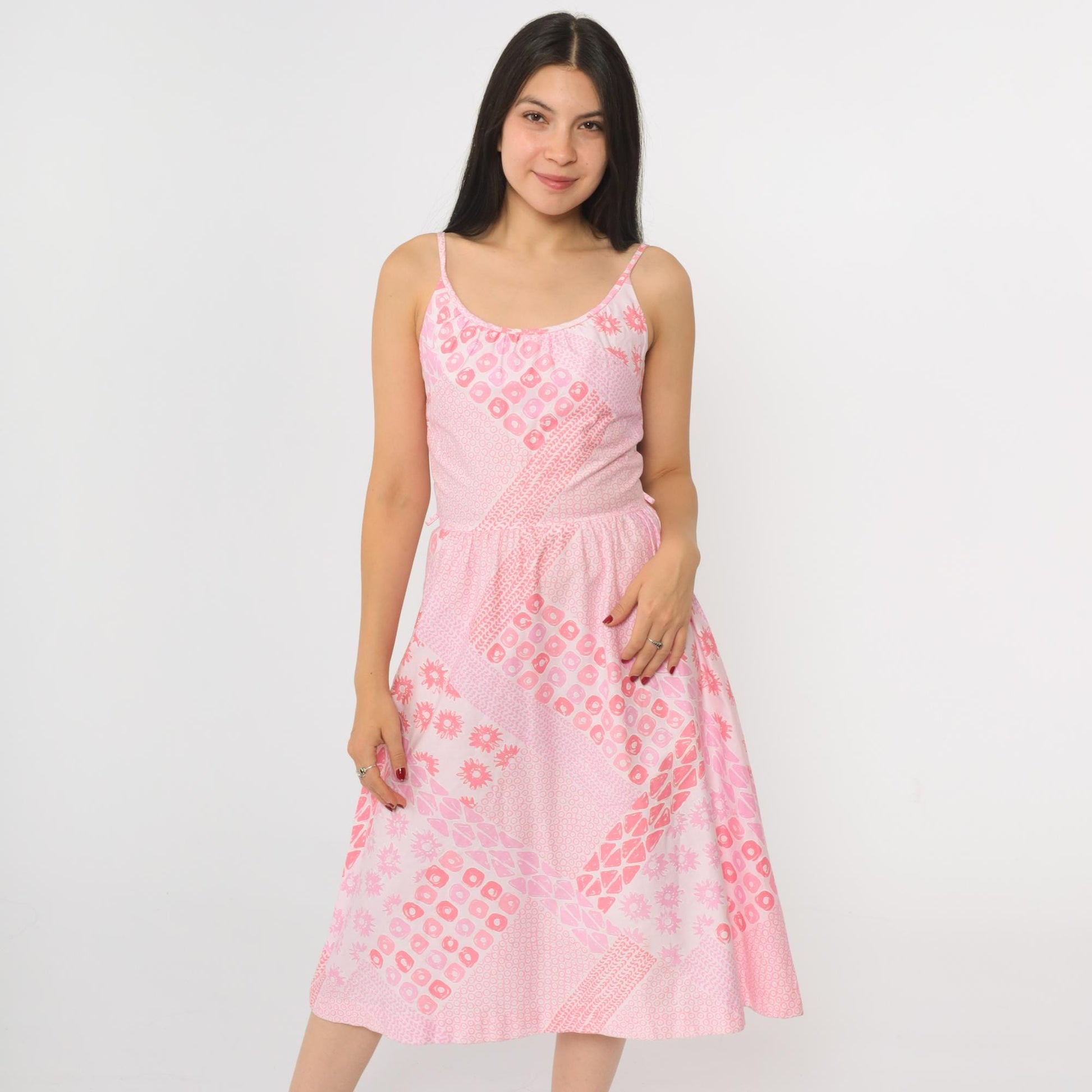 70s Malia Foster Hawaiian Midi Dress Pink Geometric High Waist Spaghetti Strap Extra Small